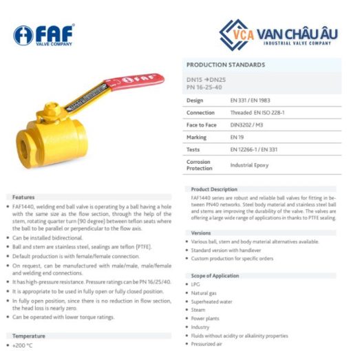 Thông số kỹ thuật của van bi FAF 1440